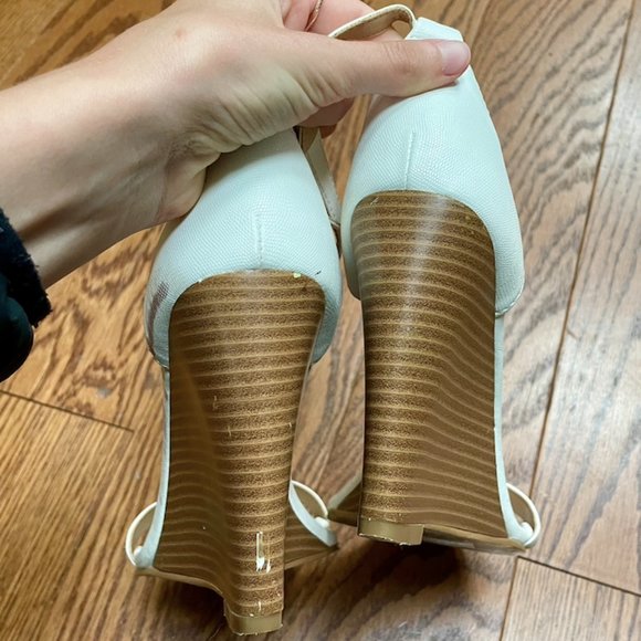 Express White and Tan High Wedges with Thin Toe and Ankle Straps - Picture 2 of 7